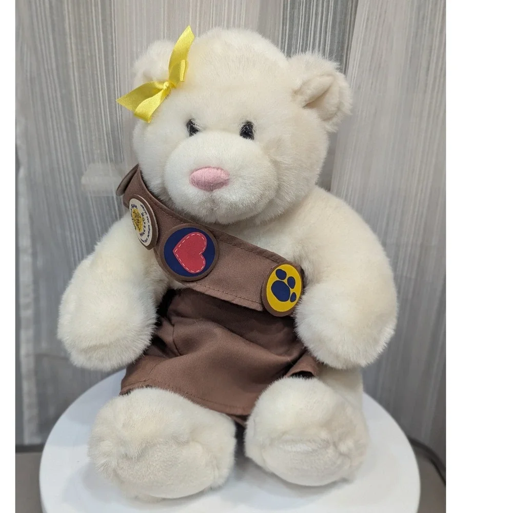 Build-A-Bear Workshop White Plush Teddy Bear Brown Scout Uniform Patches Bow
